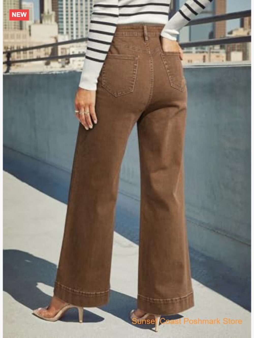 High Waisted Wide Leg Stretch Denim Pants with Pockets - Picture 6 of 7